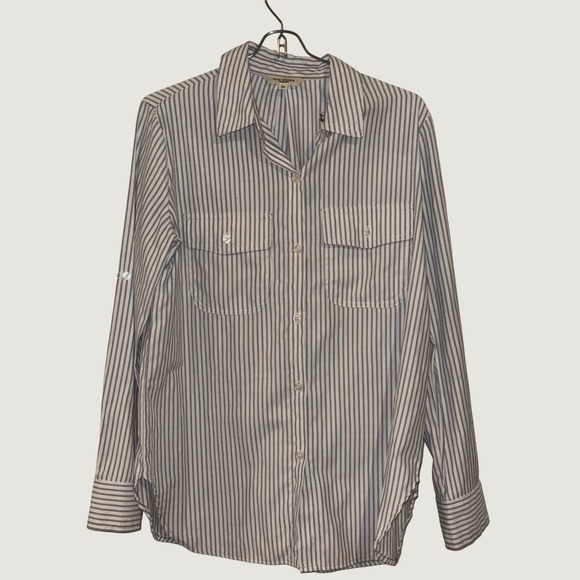 Max Studio Tops - Max Studio London Womens XS Striped Button Down Shirt Roll Tab Sleeve Navy White